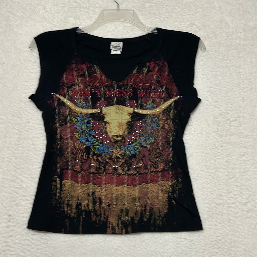 Creative apparel concepts bull skull black bling, capped sleeve shirt…